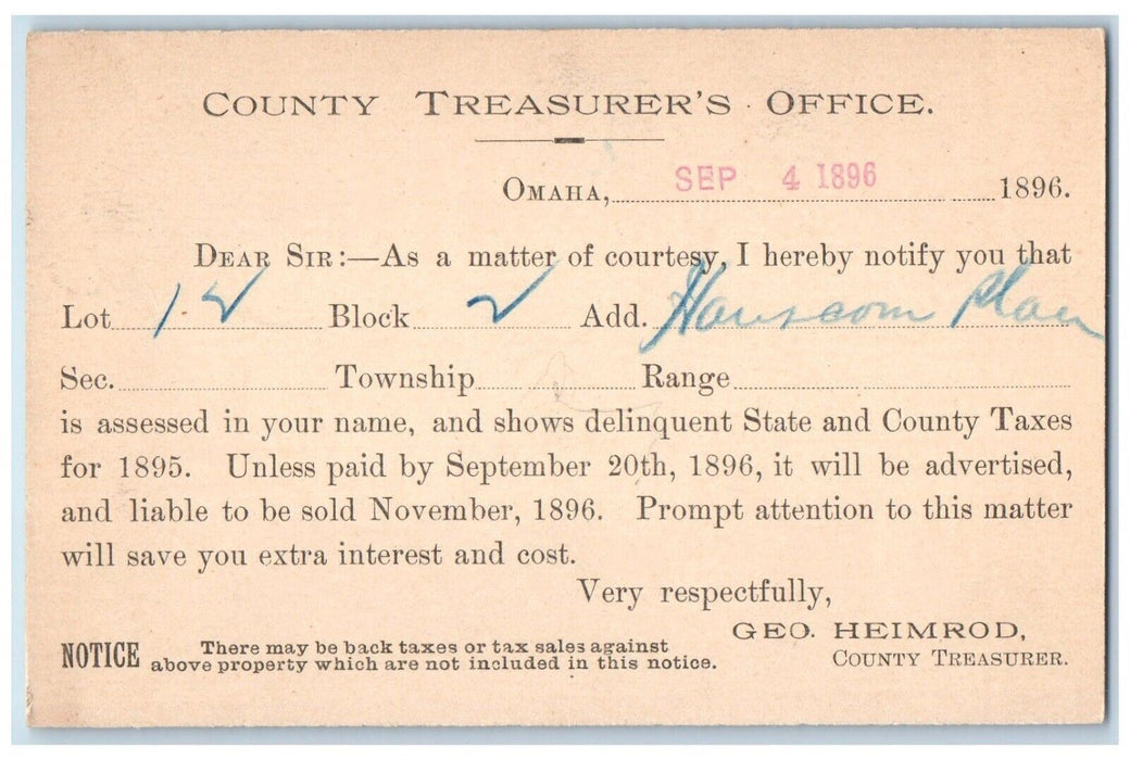 1896 County Treasurer's Office Omaha Nebraska NE Antique Postal Card