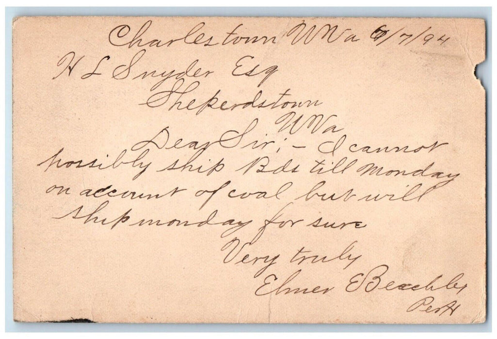 1894 HL Snyder Charlestown West Virginia WV Shepherdstown WV Postal Card