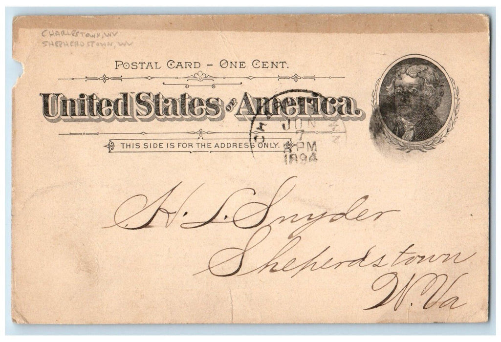 1894 HL Snyder Charlestown West Virginia WV Shepherdstown WV Postal Card