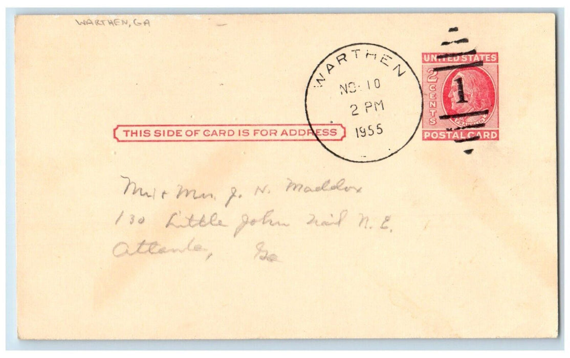 1955 Letter to Mr. & Mrs. Maddox Atlanta GA Warthen Georgia GA Postal Card