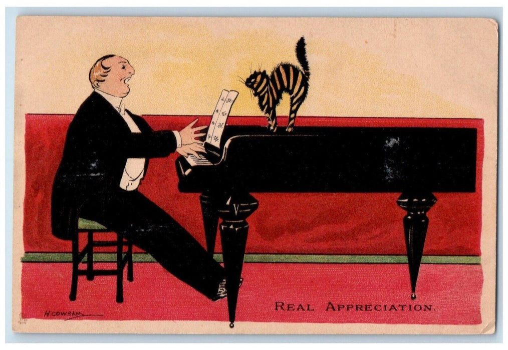 c1910's Man Playing Piano Real Appreciation Tiger Cat Cowham Tuck's Postcard