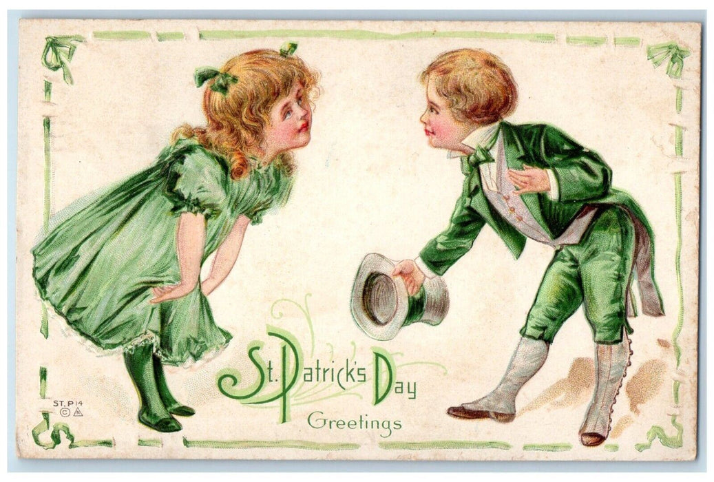 1915 St. Patrick's Day Greetings Children Bow Embossed Posted Antique Postcard