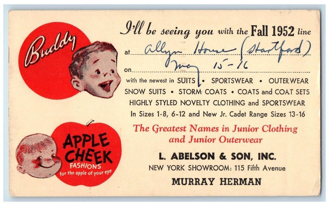 1952 L Abelson & Son Junior Clothing Advertising NY Bridgeport CT Postal Card