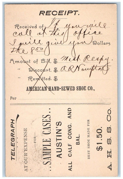 1895 American Hand-Sewed Shoe Co. Advertising Omaha Nebraska NE Postal Card