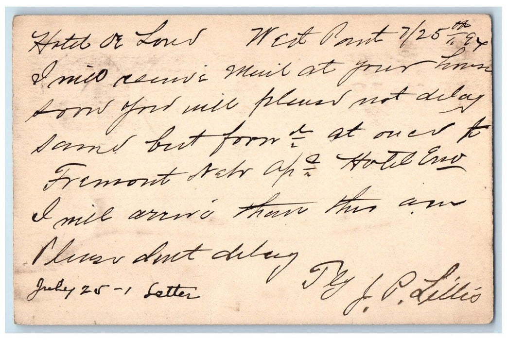 1894 Letter from J Lillis DE Love Hotel Omaha Nebraska NE Wisner NE Postal Card