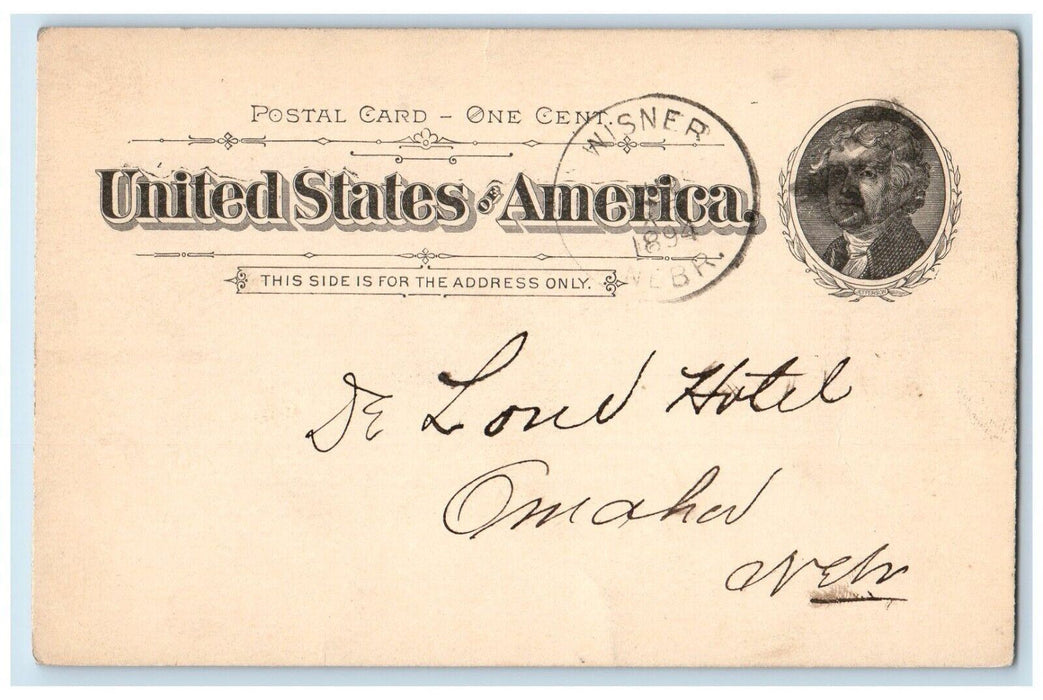 1894 Letter from J Lillis DE Love Hotel Omaha Nebraska NE Wisner NE Postal Card