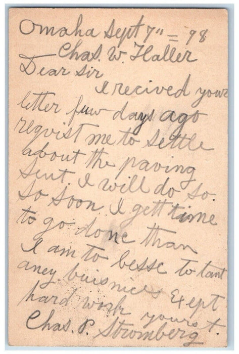 1898 Settle Paving Sent Chas Stromberg Omaha Nebraska NE Postal Card