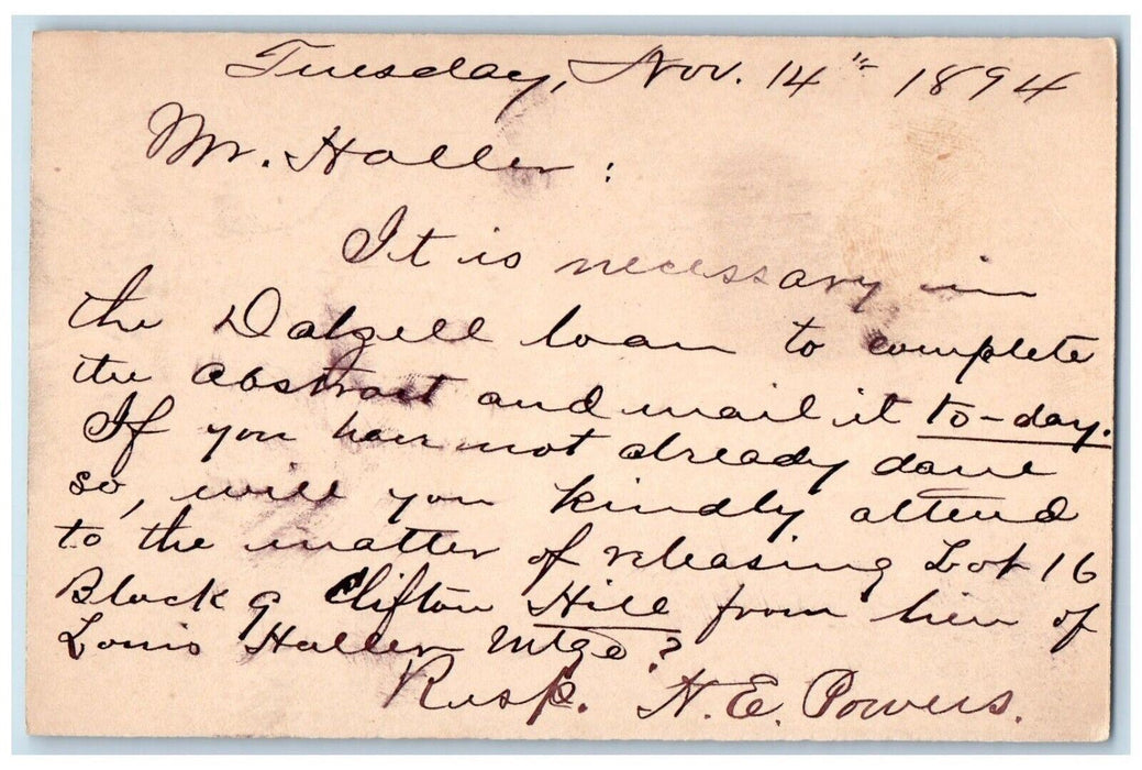 1894 NE Powers CW Haller Omaha Nebraska NE Paxton Block Antique Postal Card