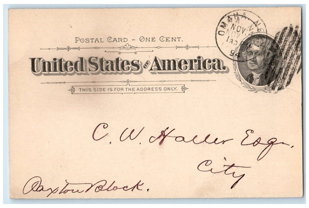 1894 NE Powers CW Haller Omaha Nebraska NE Paxton Block Antique Postal Card