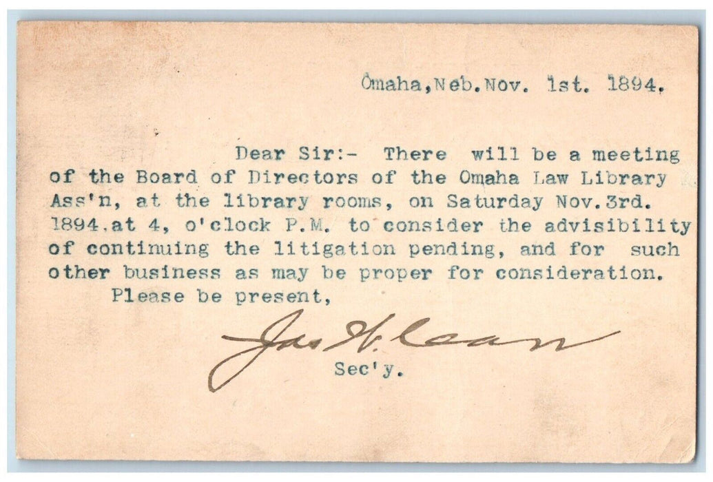 1894 Omaha Law Library Board of Directors Meeting Omaha Nebraska NE Postal Card