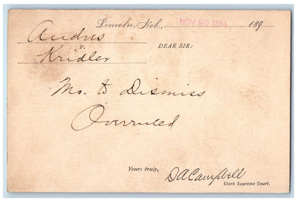 1894 Overruled Message DA Campbell Clerk Supreme Court Lincoln NE Postal Card
