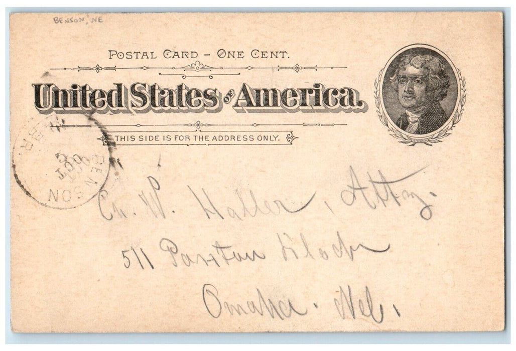 1894 C.W. Haller Attorney Benson Nebraska NE Omaha NE Posted Postal Card