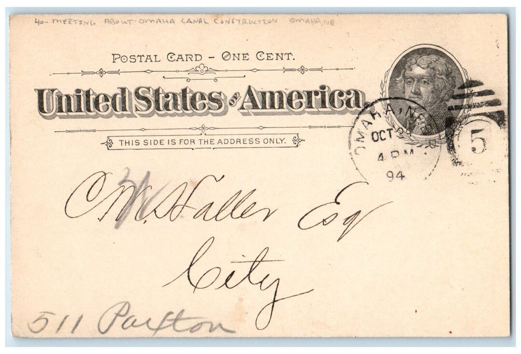 1894 Meeting About Omaha Canal Construction Omaha NE Posted Postal Card
