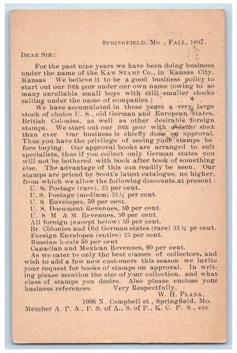 1897 From WH Plank Co. Kaw Stamp Co. Stamp Prices Springfield MO Postal Card