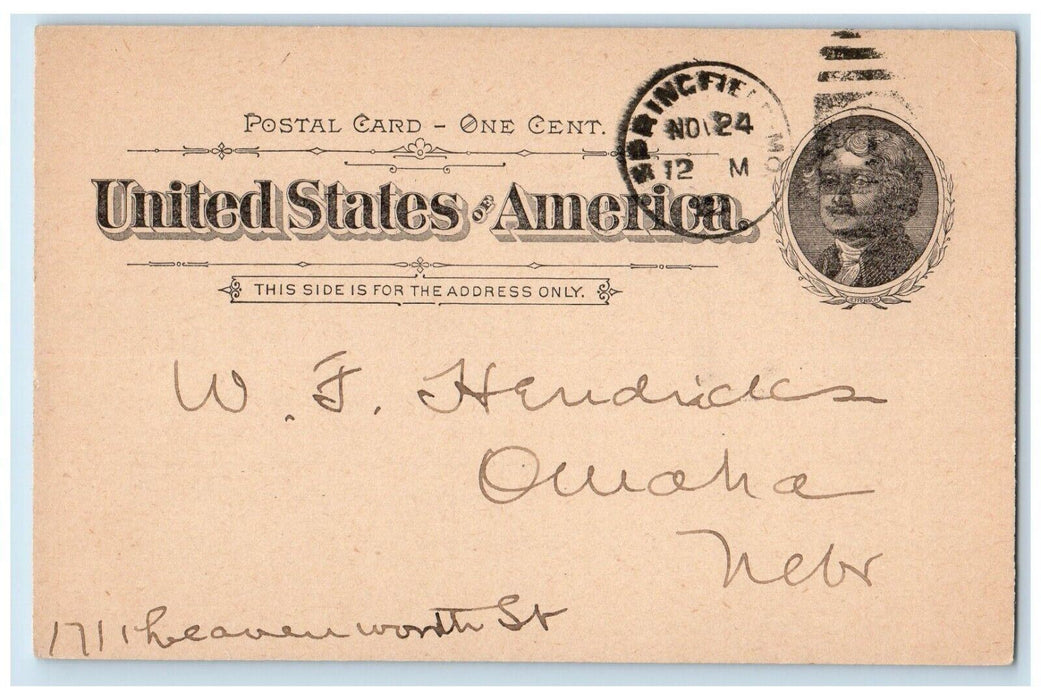 1897 From WH Plank Co. Kaw Stamp Co. Stamp Prices Springfield MO Postal Card