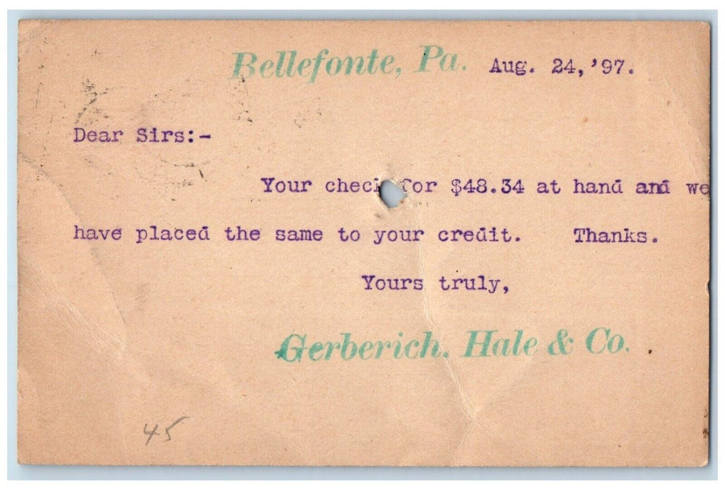 1897 Messrs. Cook & Griest Fleming PA Bellefonte Pennsylvania PA Postal Card