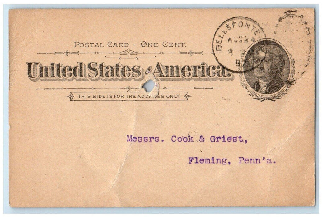 1897 Messrs. Cook & Griest Fleming PA Bellefonte Pennsylvania PA Postal Card