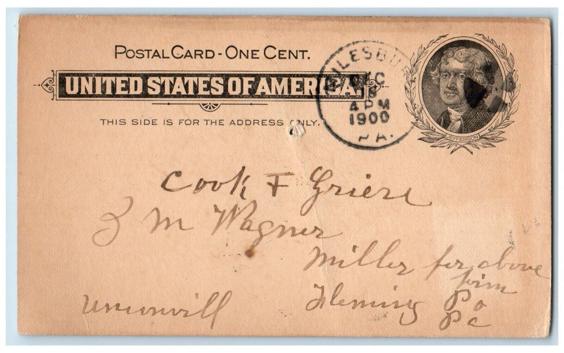 1900 JM Wagner Cook & Griest Fleming PA Milesburg Pennsylvania PA Postal Card