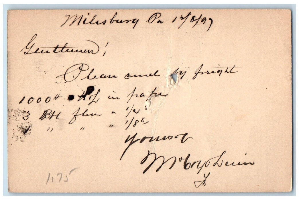 1897 Please Send By Freight Milesburg Fleming Pennsylvania PA Postal Card