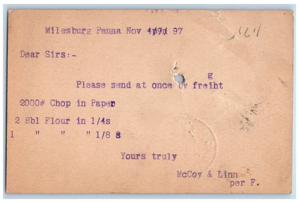 1897 McCov & Linn Per F. Please Send By Freight Milesburg PA Postal Card