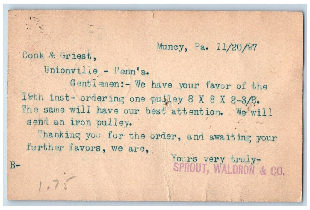 1897 Sprout Waldron & Co. Muncy Unionville Centre Pennsylvania PA Postal Card