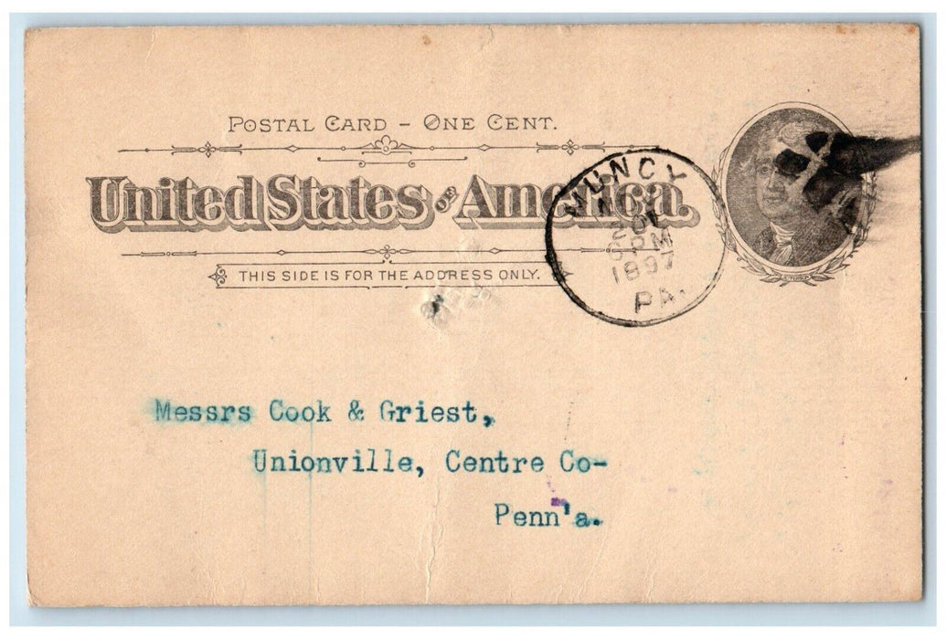 1897 Sprout Waldron & Co. Muncy Unionville Centre Pennsylvania PA Postal Card