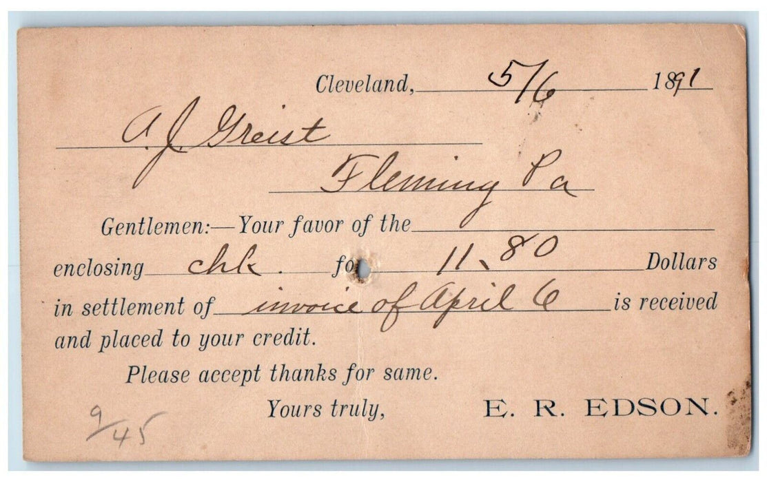 1891 Enclosing Check AJ Griest Fleming PA Cleveland Ohio OH Postal Card