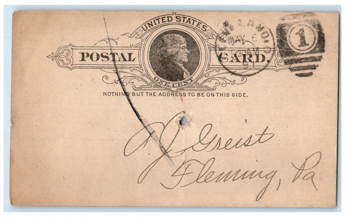 1891 Enclosing Check AJ Griest Fleming PA Cleveland Ohio OH Postal Card