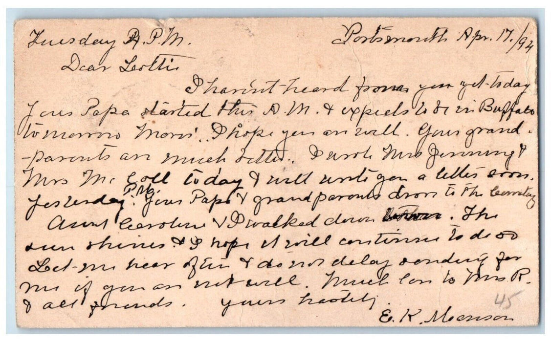 1894 Portsmouth New Hampshire NH Wyoming Co New York NY Antique Postal Card