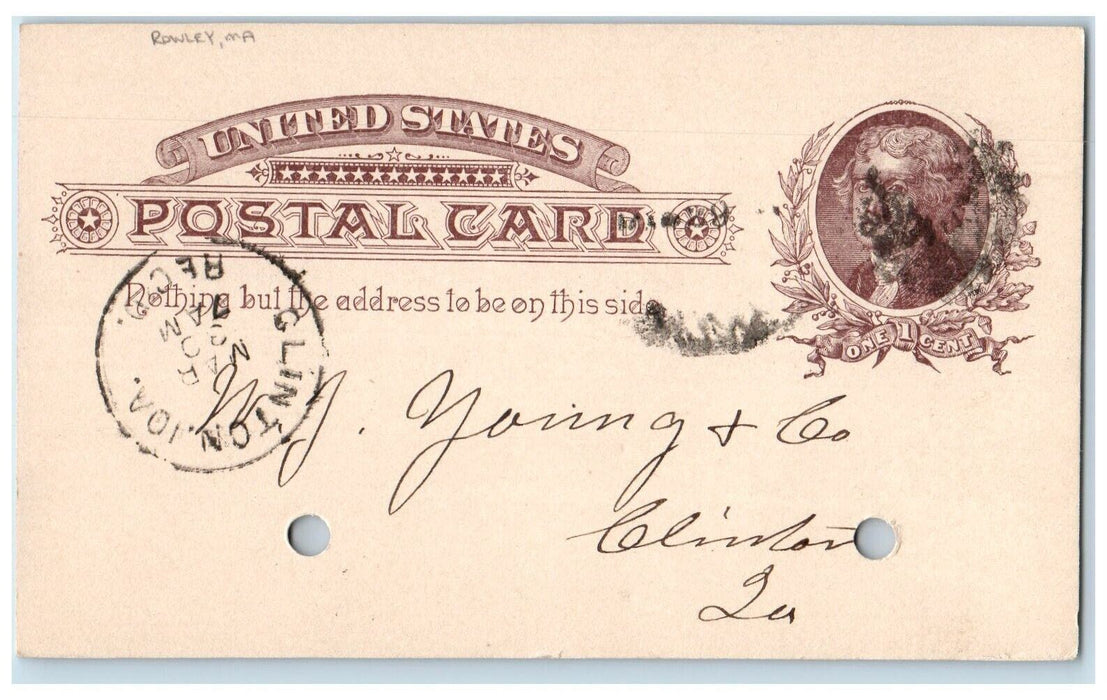 1887 WJ Young & Co Order Rowley Massachusetts MA Clinton Iowa IA Postal Card