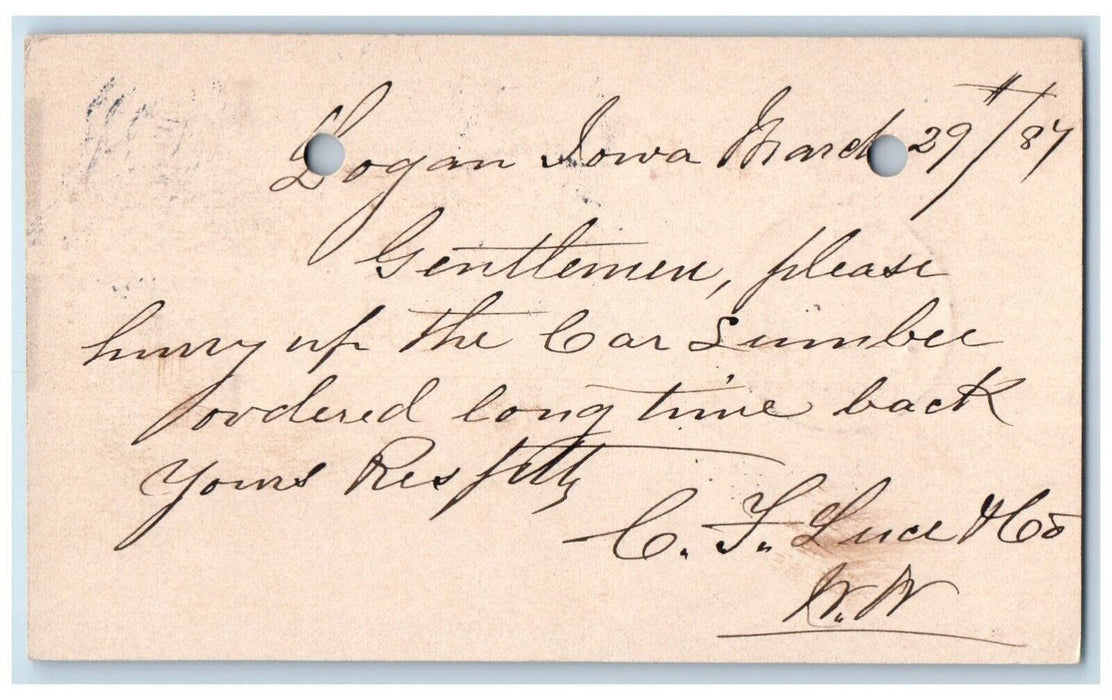 1887 Car Lumber WJ Young & Co. Logan Iowa IA Clinton Iowa IA Postal Card