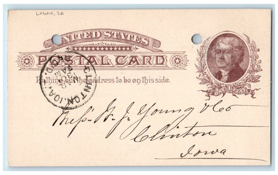 1887 Car Lumber WJ Young & Co. Logan Iowa IA Clinton Iowa IA Postal Card