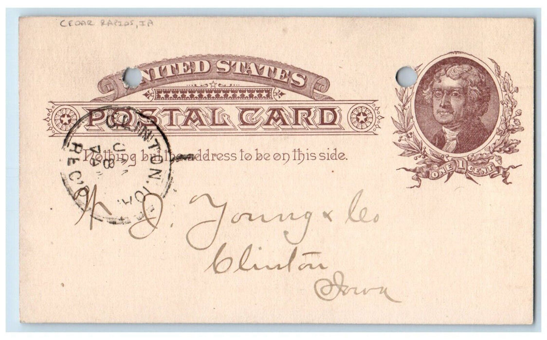 1887 Chas Hubbard Give Price Cedar Rapids Clinton Iowa IA Postal Card