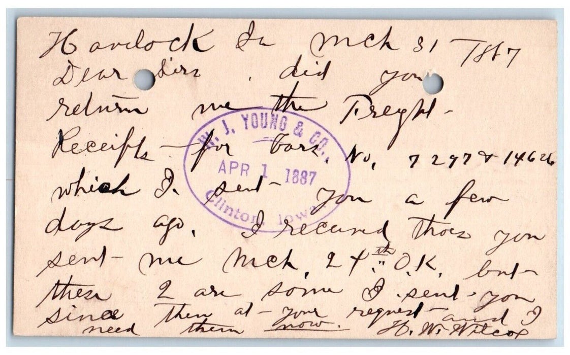 1887 HW Wilcox WJ Young & Co. Havelock Iowa IA Clinton IA Postal Card