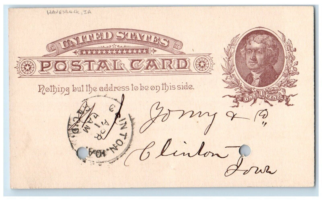 1887 HW Wilcox WJ Young & Co. Havelock Iowa IA Clinton IA Postal Card