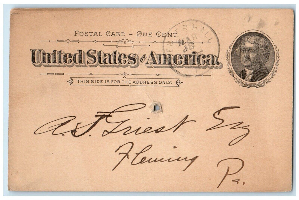1898 Wolf & Crawford General Merchandise Centre Hall Pennsylvania PA Postal Card