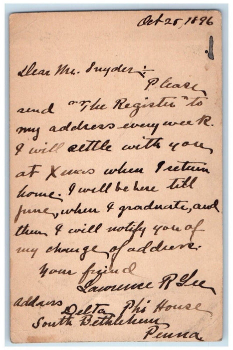 1896 Send The Register Every Week Delta Phi House South Betlehem PA Postal Card
