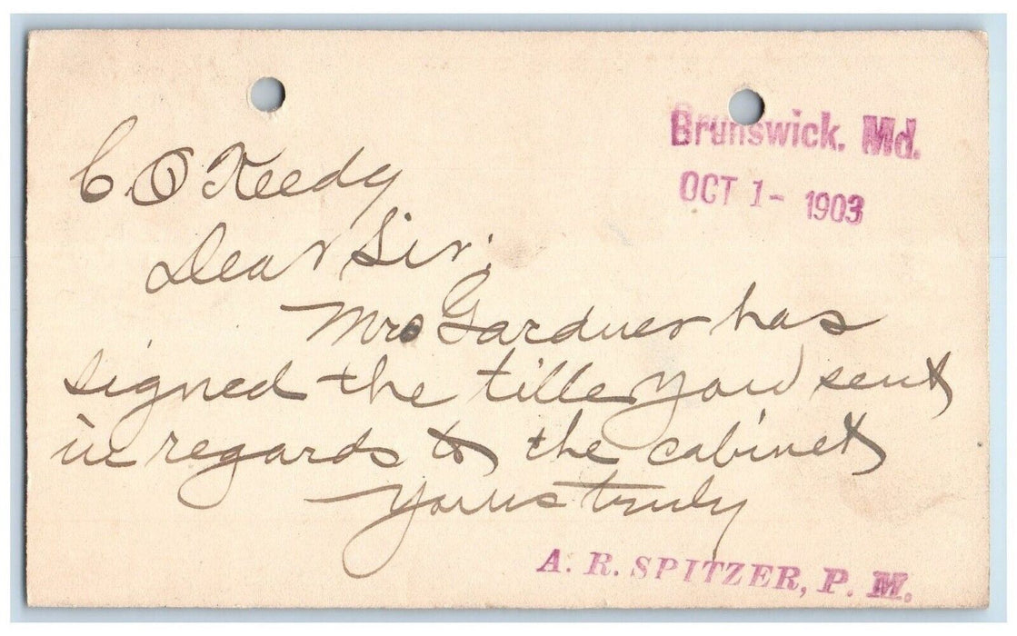 1903 AR Spitzer PM Frederick MD Brunswick Maryland MD Postal Card