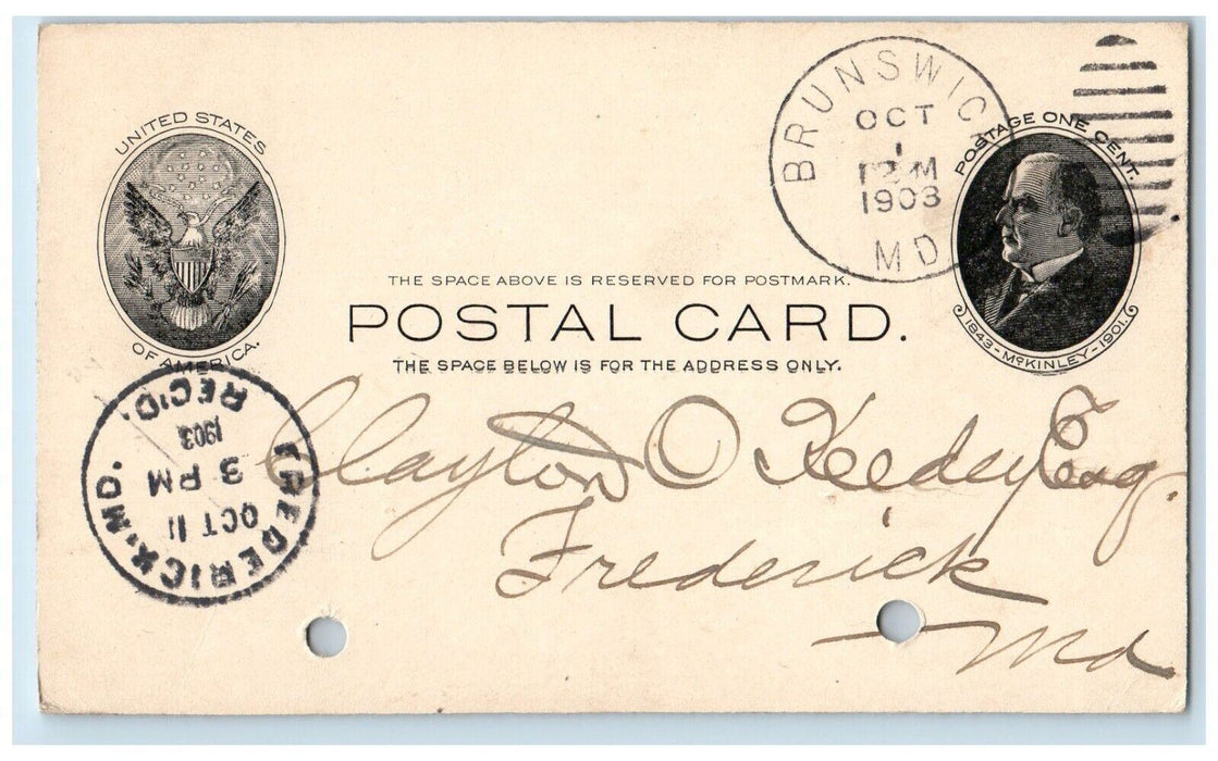 1903 AR Spitzer PM Frederick MD Brunswick Maryland MD Postal Card