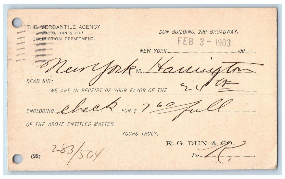 1903 The Mercantile Agency R.G. Dun & Co. Broadway New York NY Postal Card