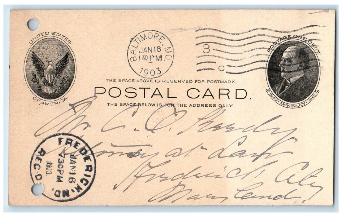 1903 USA Logo Baltimore Maryland MD Frederick MD Antique Posted Postal Card
