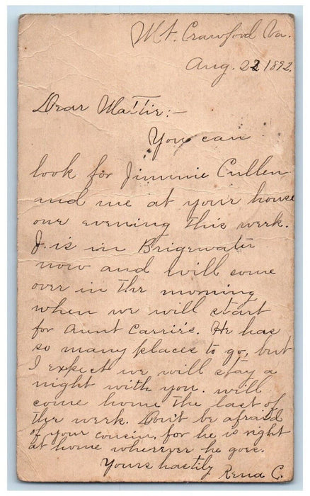 1892 Letter from Rina to Walter Mt. Crawford VA Madrid VA Postal Card