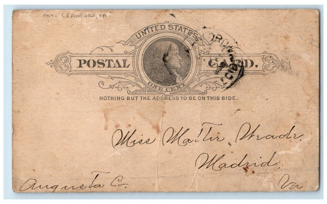 1892 Letter from Rina to Walter Mt. Crawford VA Madrid VA Postal Card