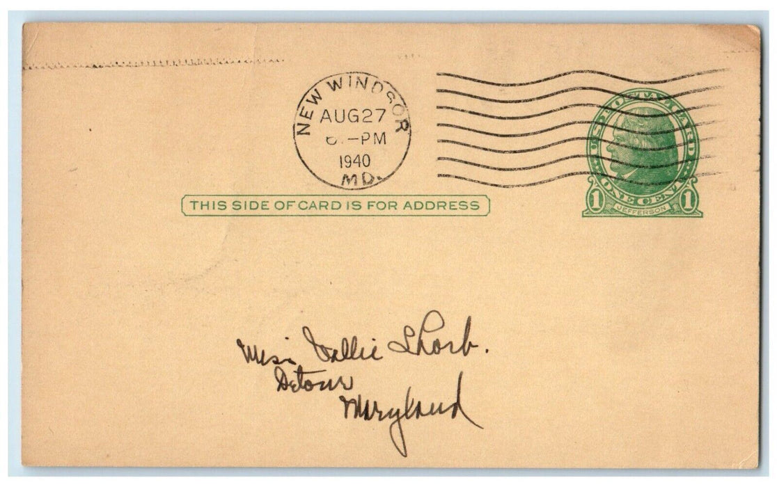 1940 Miss Vallie Shorb Detour Maryland MD New Windsor MD Postal Card