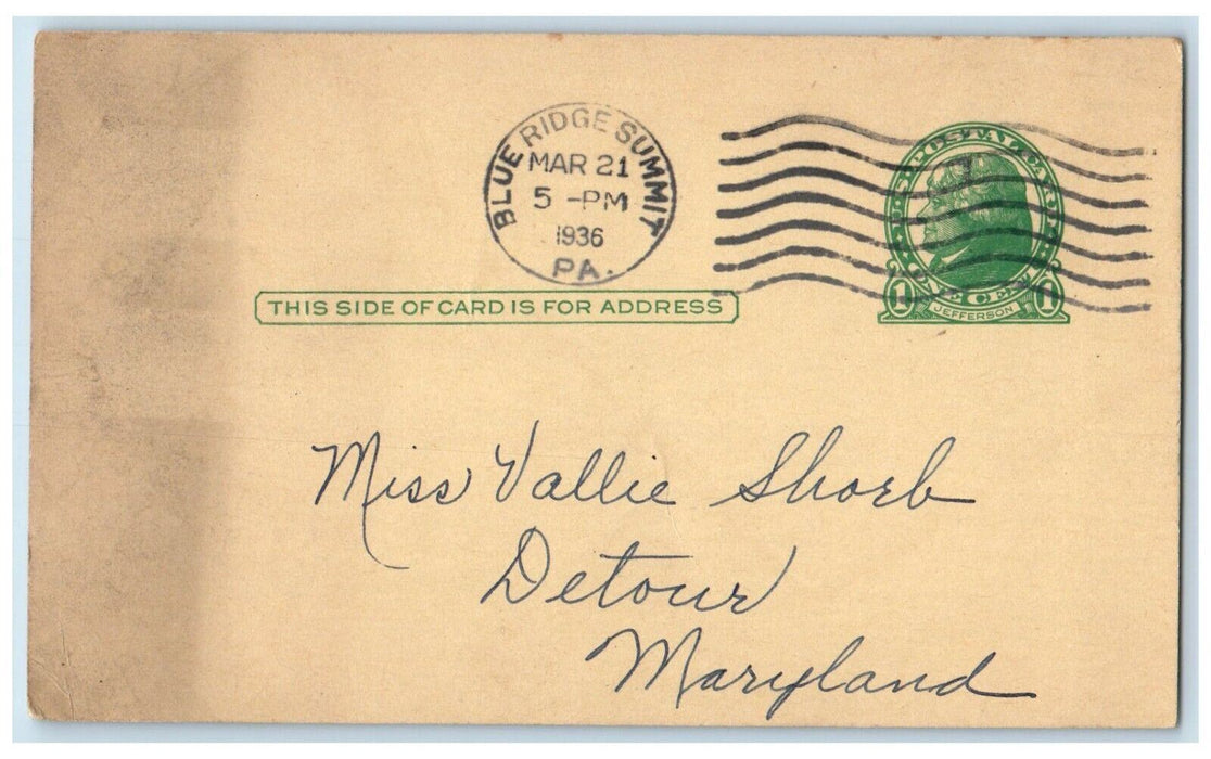 1936 Welcome Card Received Miss Vallie Shorb Detour Maryland MD Postal Card