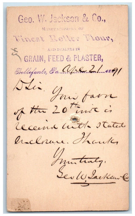 1891 Geo. W. Jackson & Co. Finest Roller Flour Bellefonte PA Postal Card