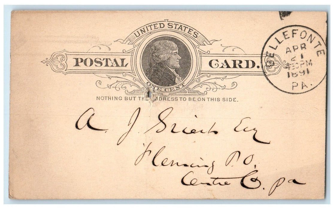 1891 Geo. W. Jackson & Co. Finest Roller Flour Bellefonte PA Postal Card