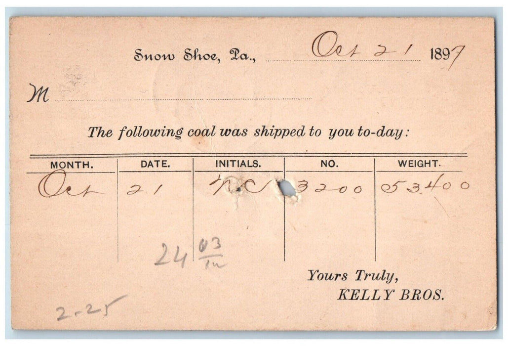 1897 Kelly Bros Snow Shoe Pennsylvania PA Posted Antique Postal Card
