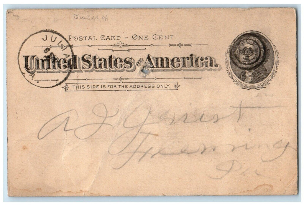1897 6 Sacs of Chop AJ Griest Fleming PA Julian PA Antique Cancel Postal Card