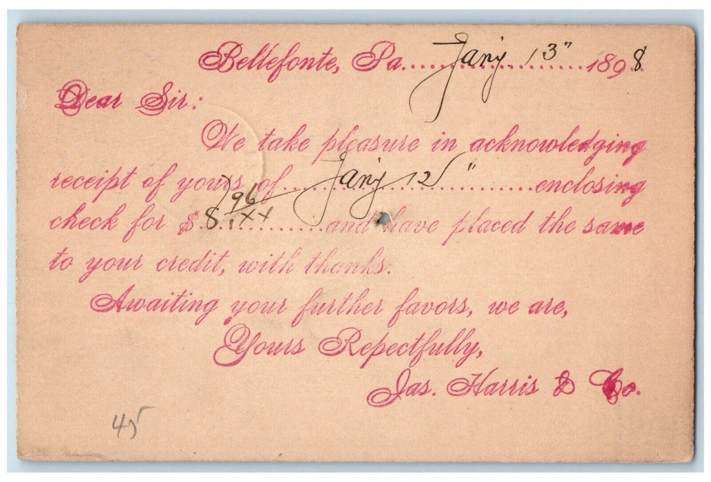 1898 Jas. Harris & Co. Bellefonte Pennsylvania PA Fleming PA Postal Card